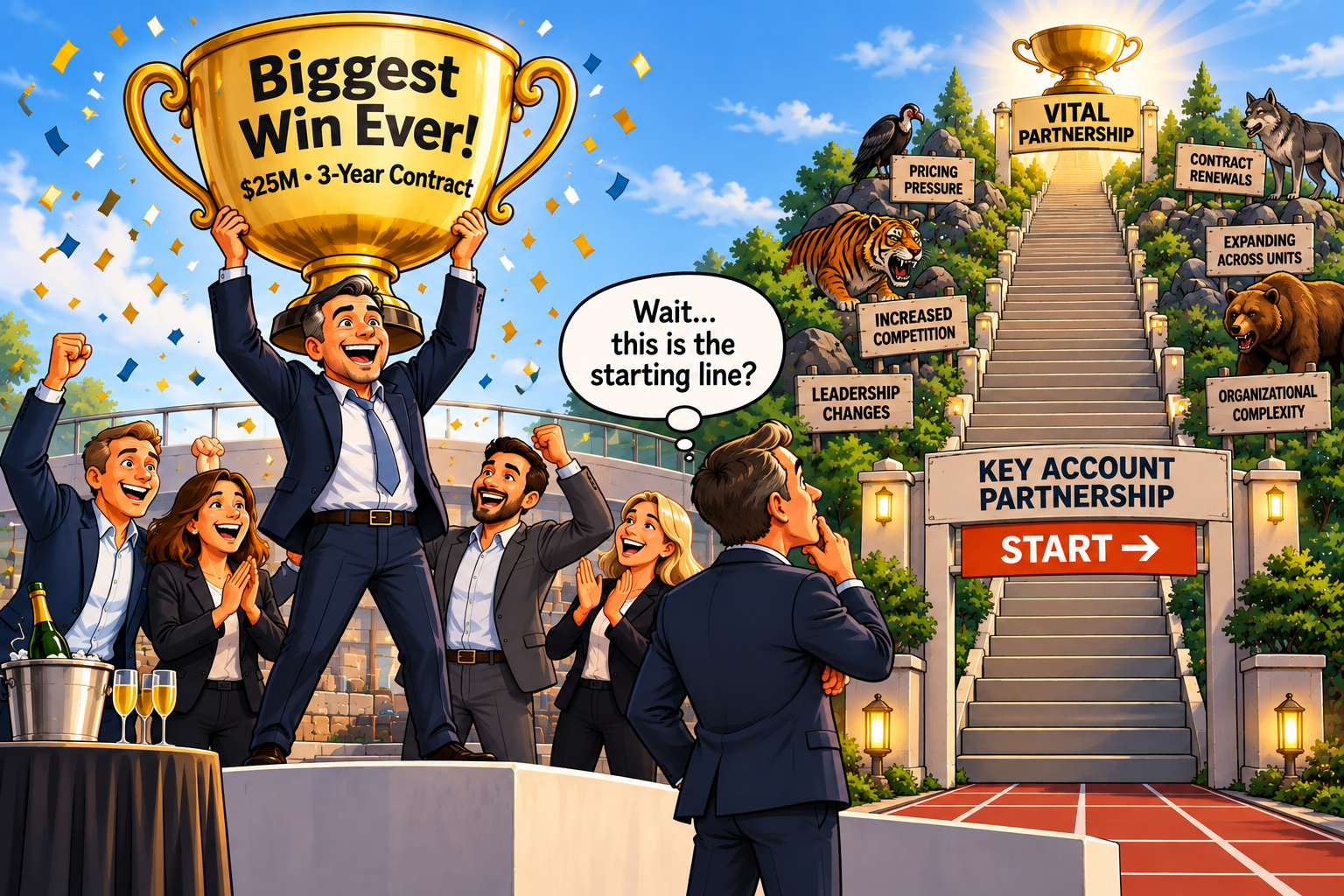 A team celebrates its biggest deal while a staircase to a vital key account partnership rises ahead