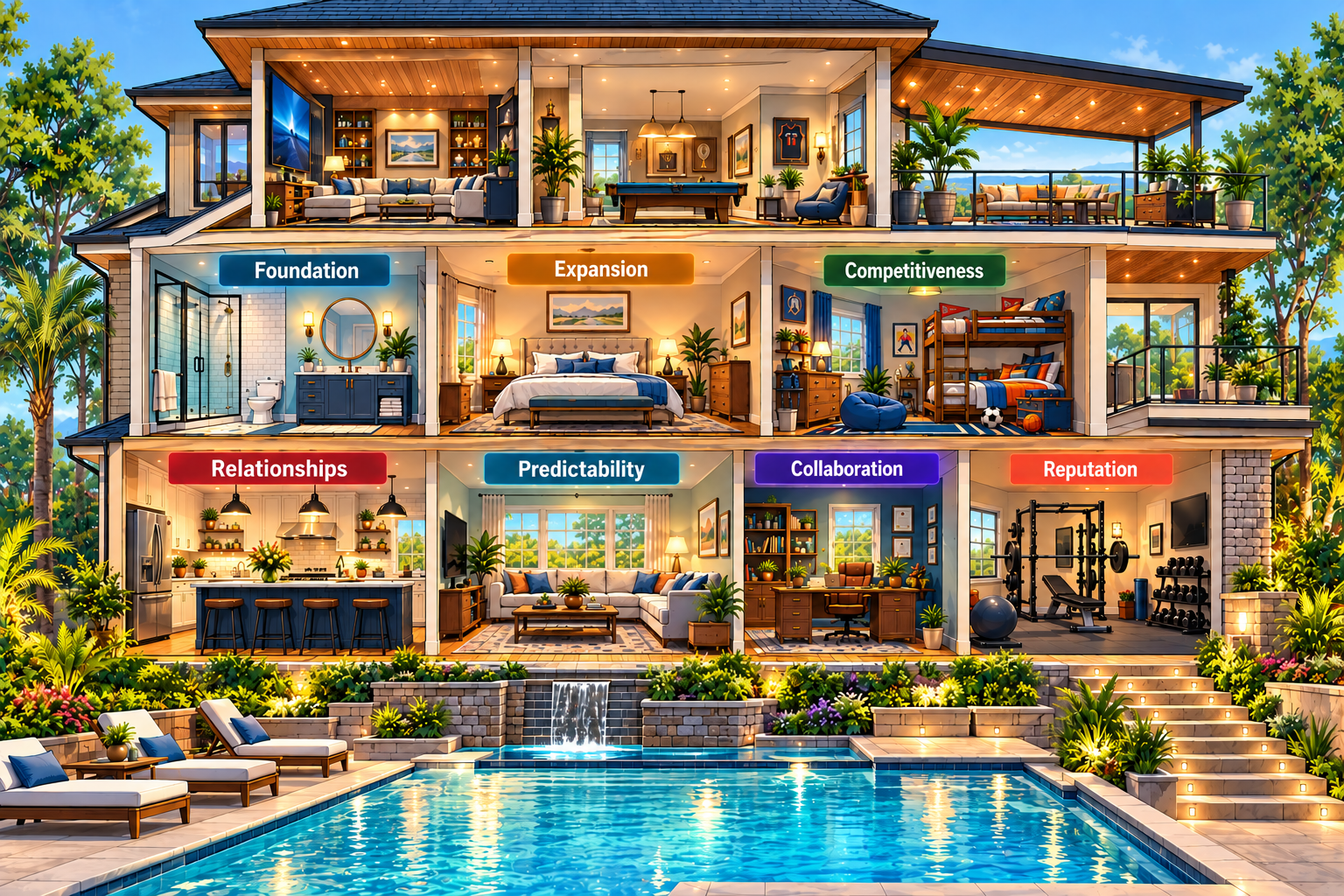 A thriving key account partnership house with seven healthy domains